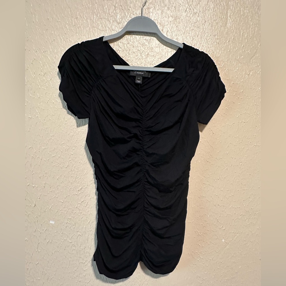 St. John Couture Black Ruched Wide V Neck Top Stretchy Size Medium